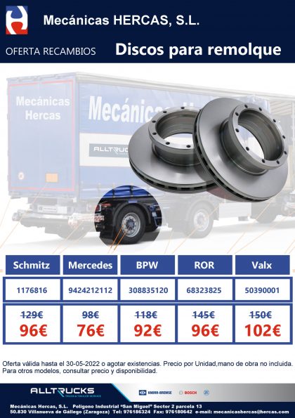 Oferta de discos de freno para remolques y semirremolques